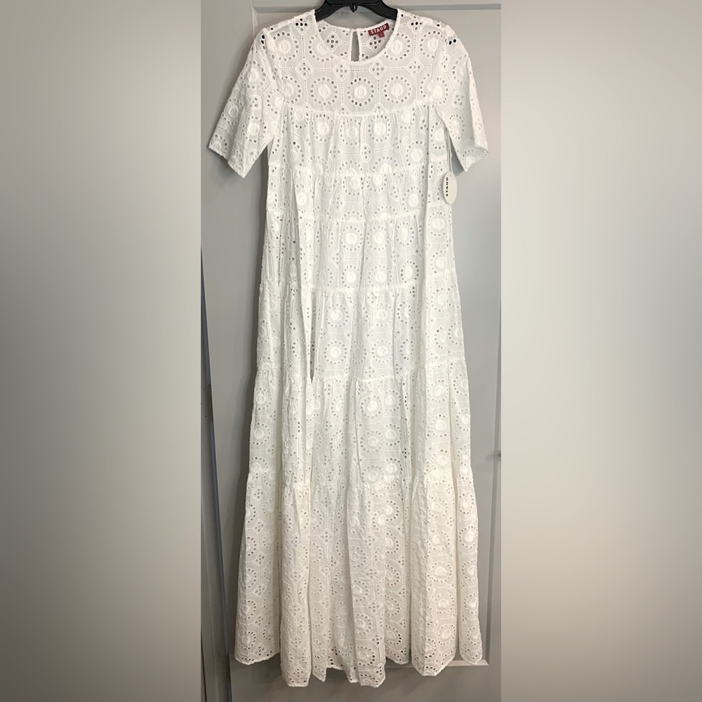 NWT Staud Hyacinth White Eyelet Tiered Maxi Dress Size Small 100% Cotton - Picture 11 of 16